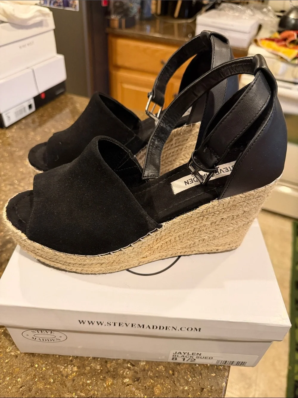 Steve Madden Jaylen Black Suede Espadrille Ankle-Strap Wedges 8.5